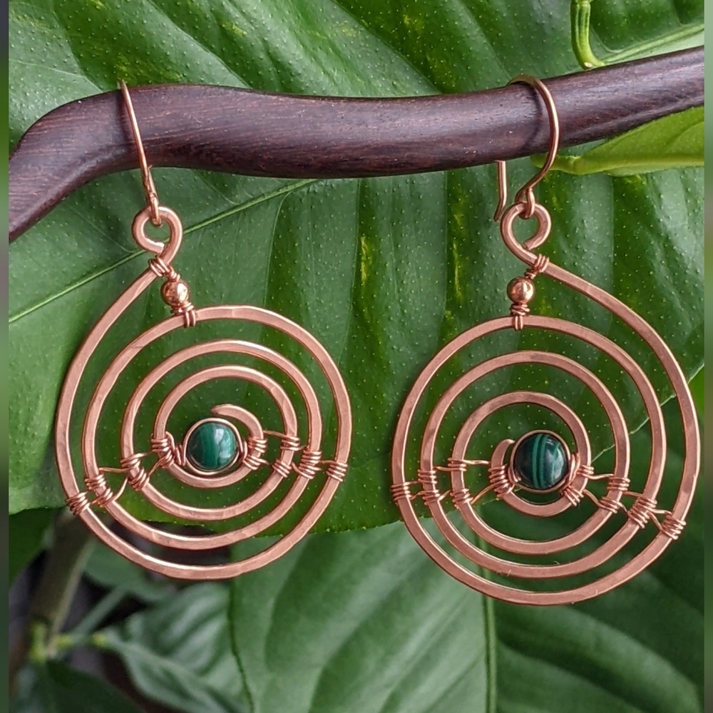 Industrial Urban Copper Spiral Earrings Natural Malachite Gems Earthy Bold - Picture 4 of 12